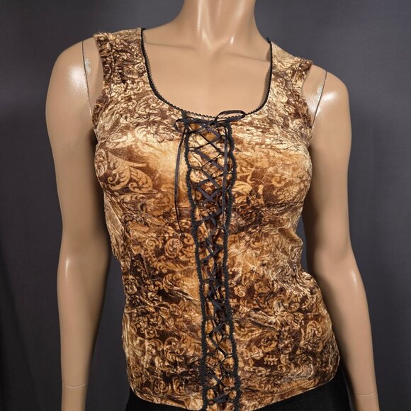 Le Chateau Tops - Vintage 90s Y2K Velvet Lace Up Top Brown Beige Paisley Fairy Grunge Size M